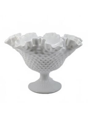 Vtg Fenton Milk Glass Hobnail Ruffled Compote